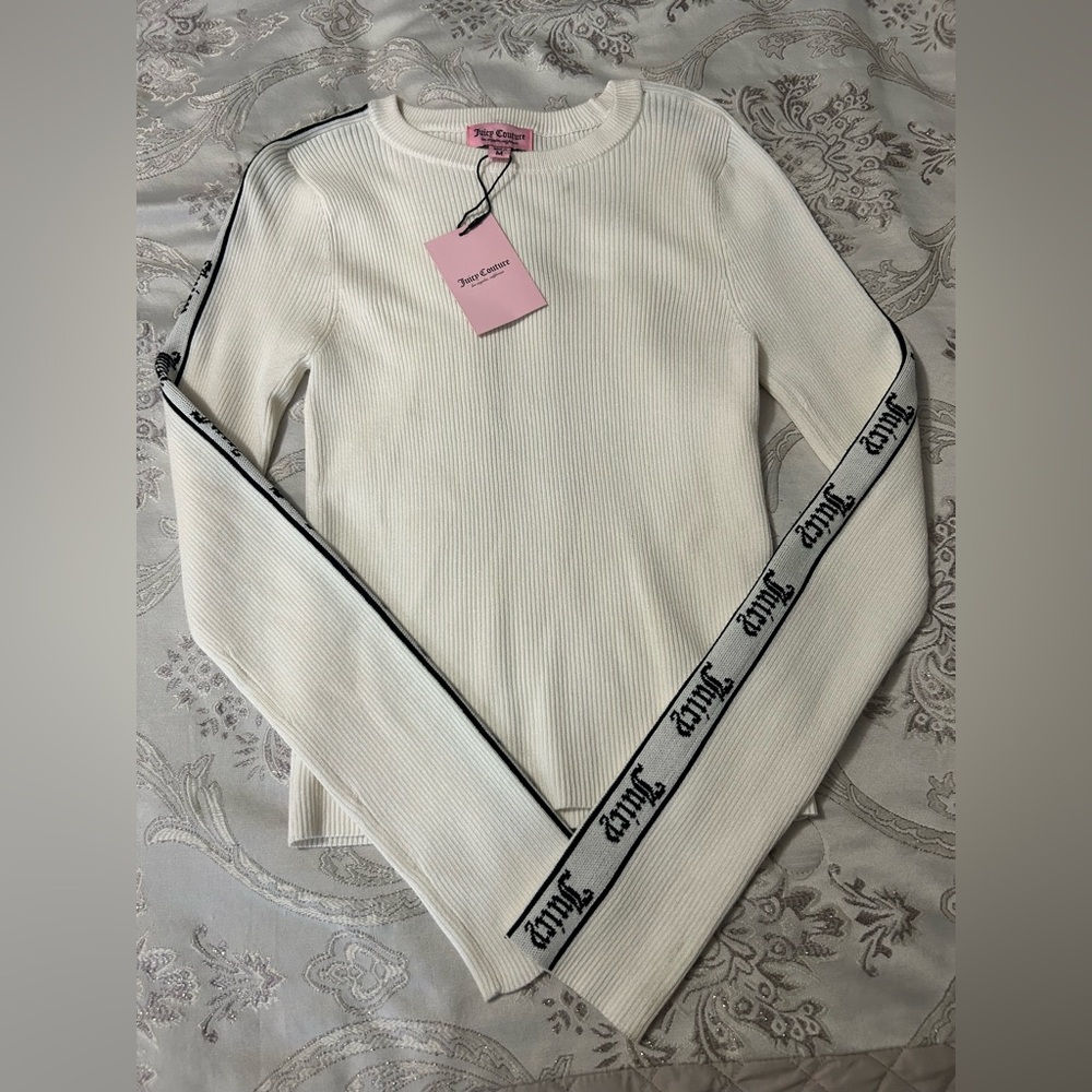 NWT Juicy Couture White Ribbed Long Sleeve Top with Black Logo Tape